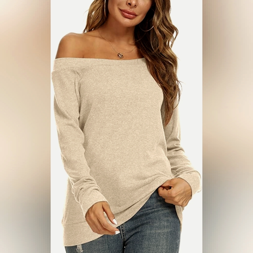 Women's Boatneck/Off-the-Shoulder Long Sleeve Casual Tunic Top (Beige/Sm…